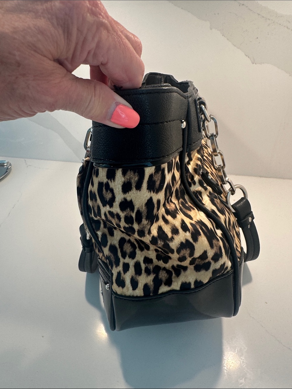 Leopard Print Tote with Black Trim and Silver Chain Accents - Picture 4 of 11